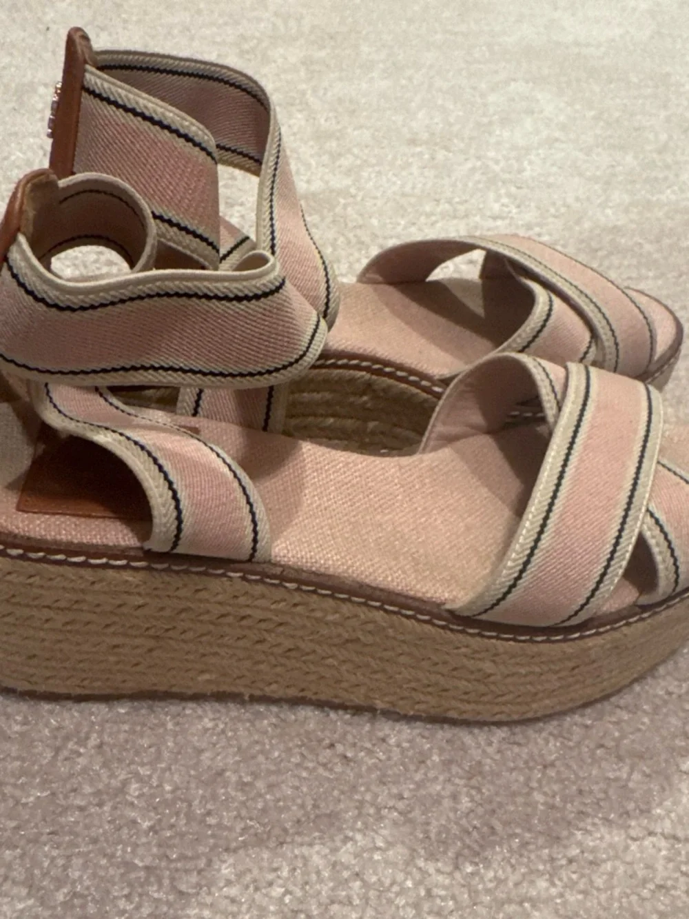 Tory Burch Pink Striped Ankle-Tie Espadrille Platform Sandals